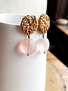 Rattan with Pink Glass Earrings