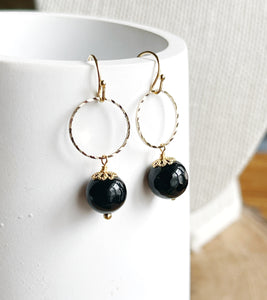 Faceted Black Earrings on Textured Circles