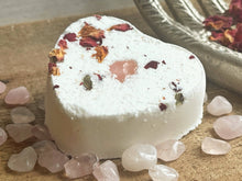 Load image into Gallery viewer, Rose Quartz &amp; Rose Heart Shaped Bath Bomb
