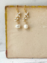 Load image into Gallery viewer, Crystal Leaf &amp; Pearl Drop Earrings
