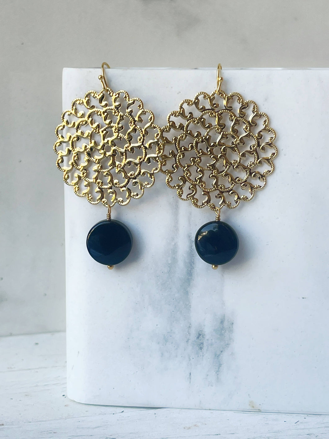 Gold Lace Filigree & Obsidian Earrings