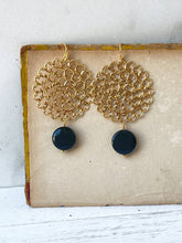 Load image into Gallery viewer, Gold Lace Filigree &amp; Obsidian Earrings
