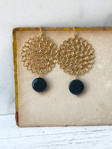 Gold Lace Filigree & Obsidian Earrings