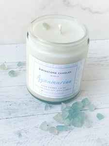March Birthstone Organic Soy Wax Candle with Natural Aquamarine