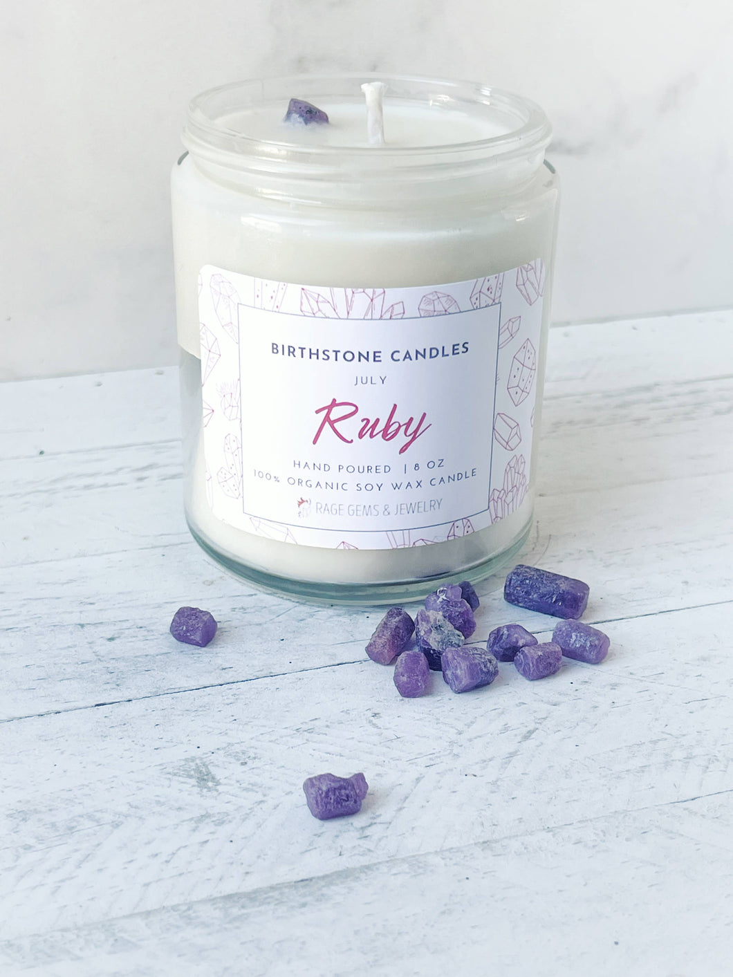 July Birthstone Organic Soy Wax Candle with Natural Ruby