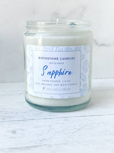 September Birthstone Organic Soy Wax Candle with Natural Sapphire
