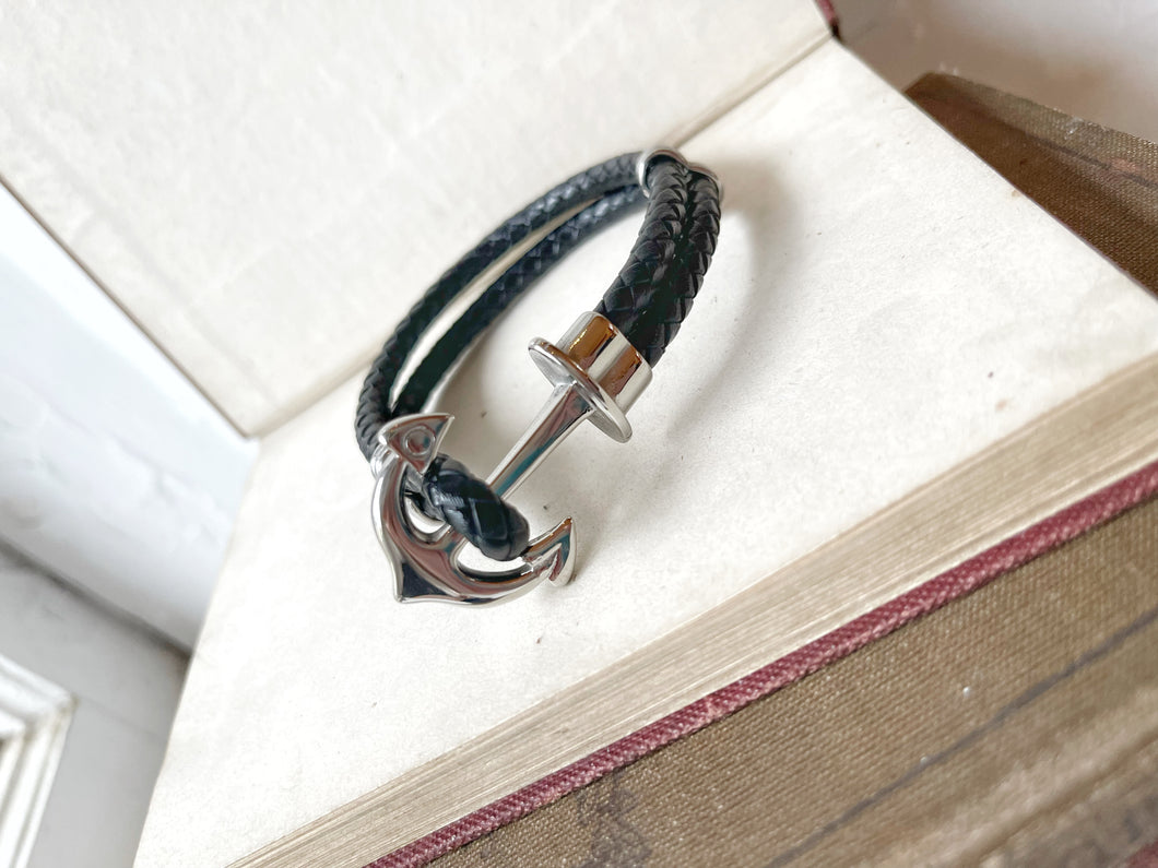 Silver Anchor Black Leather Bracelet