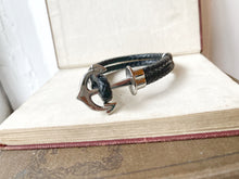 Load image into Gallery viewer, Silver Anchor Black Leather Bracelet
