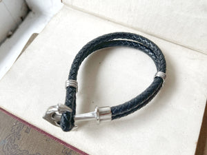 Silver Anchor Black Leather Bracelet