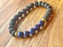 Load image into Gallery viewer, Lapis, Black Lava, and Gold Bracelet
