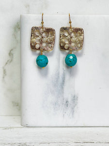 Square Golden Earrings with Blue Howlite