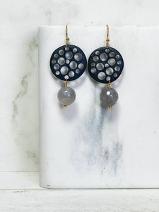 Black Circle Earrings with Cloudy Quartz