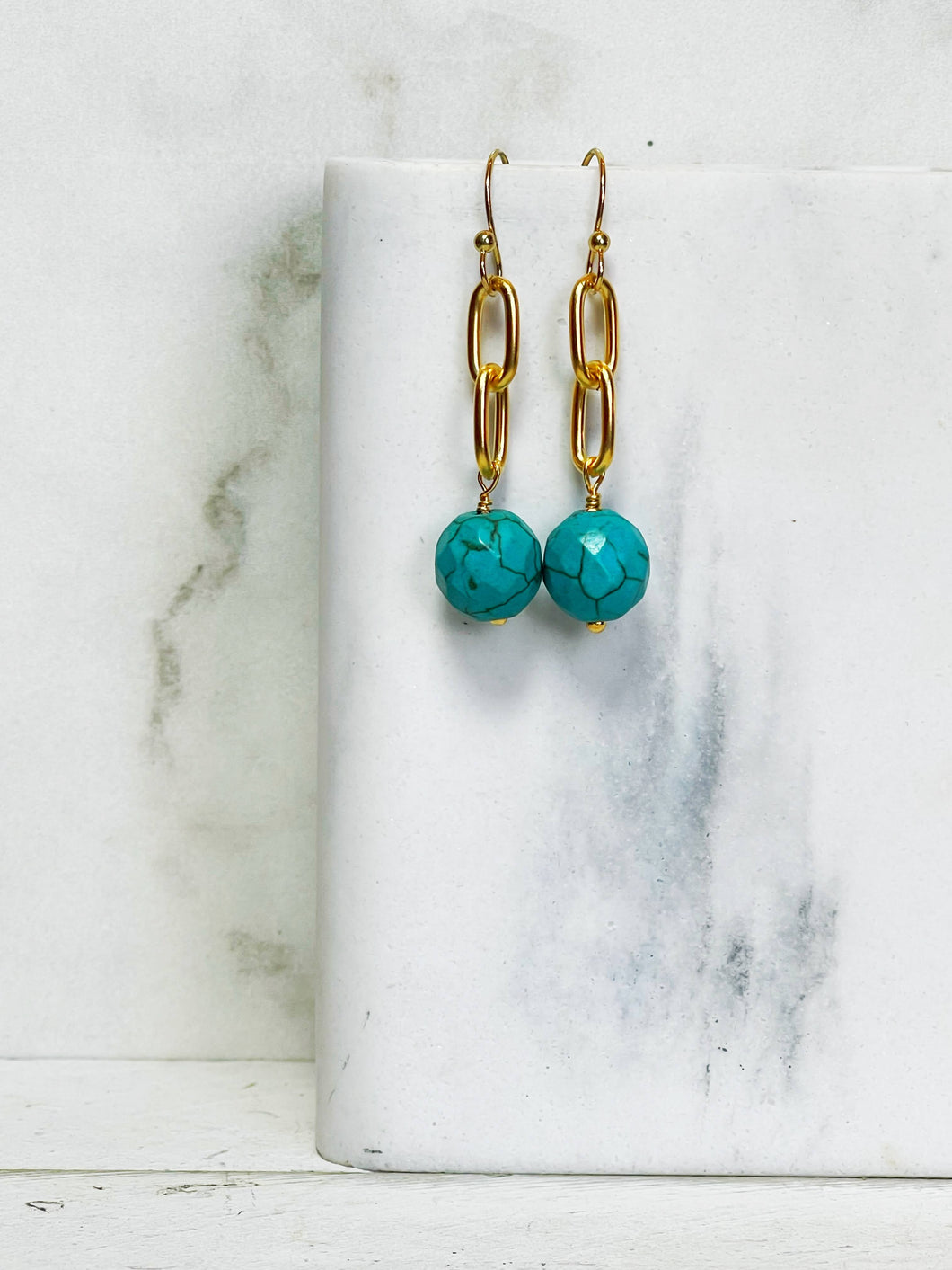 Blue Howlite & Gold Chain Drop Earrings