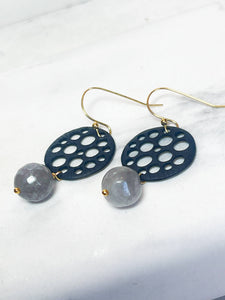 Black Circle Earrings with Cloudy Quartz