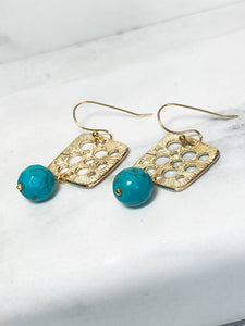 Square Golden Earrings with Blue Howlite