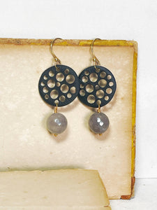 Black Circle Earrings with Cloudy Quartz