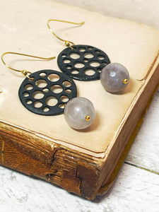 Black Circle Earrings with Cloudy Quartz