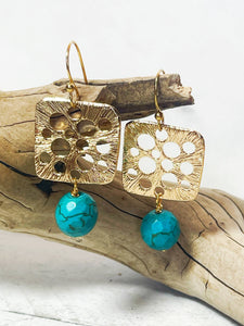 Square Golden Earrings with Blue Howlite