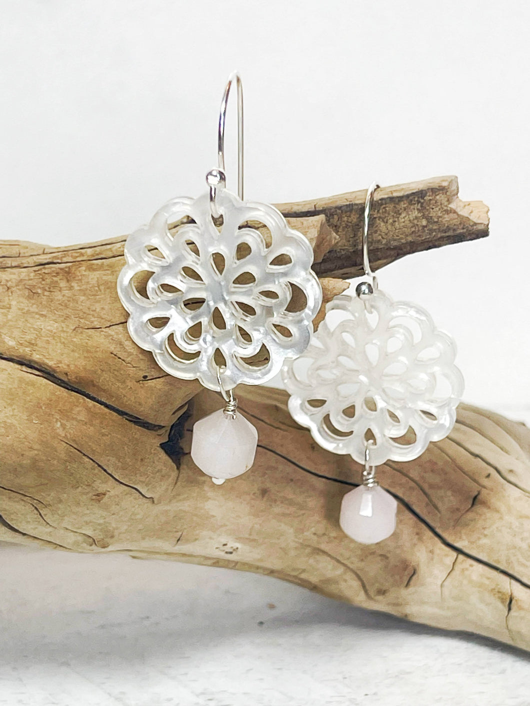 White Flower with Rose Quartz Earrings