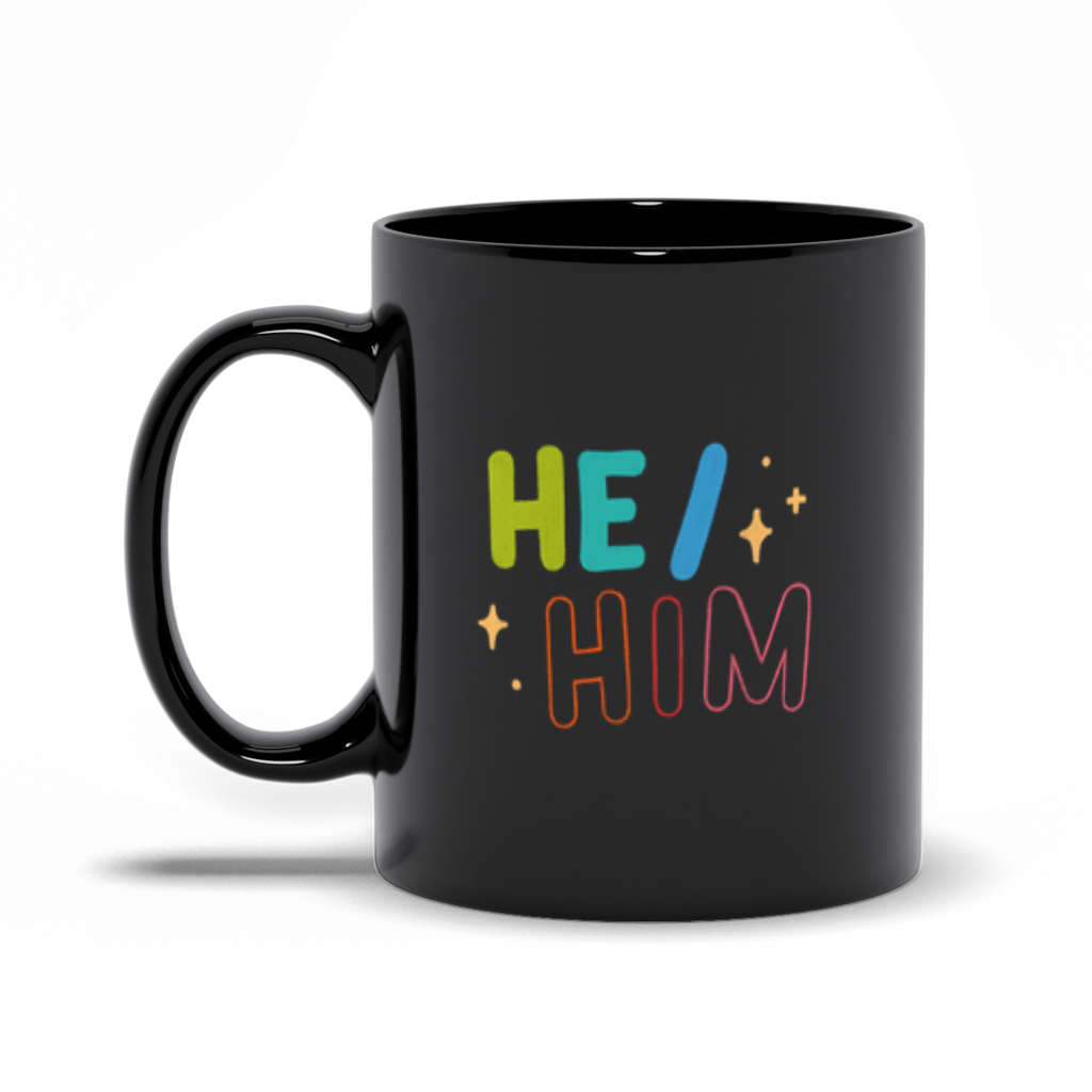 He/Him Black Mugs